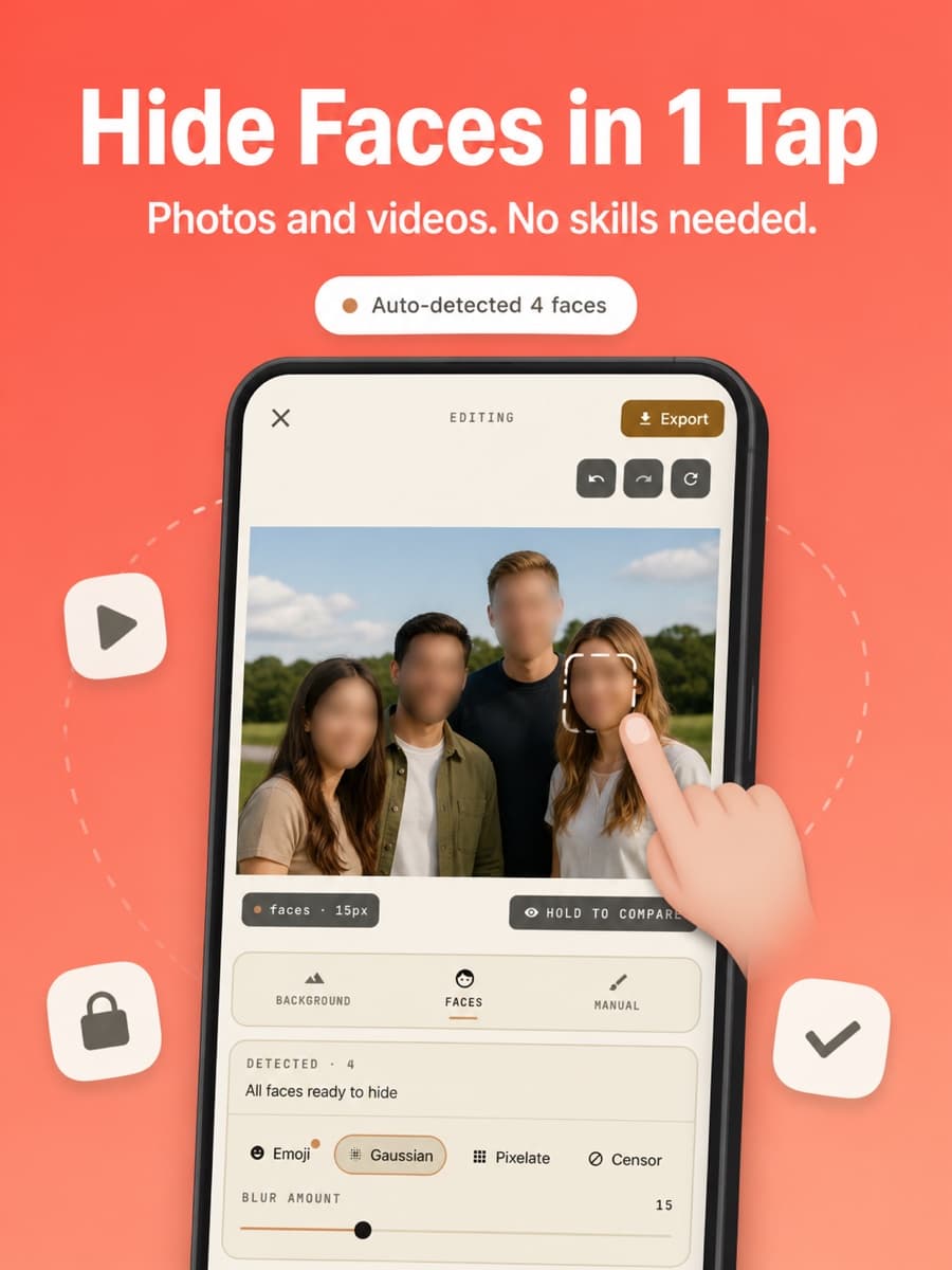 BlurQ auto-detected four faces in a group photo — hide faces in one tap